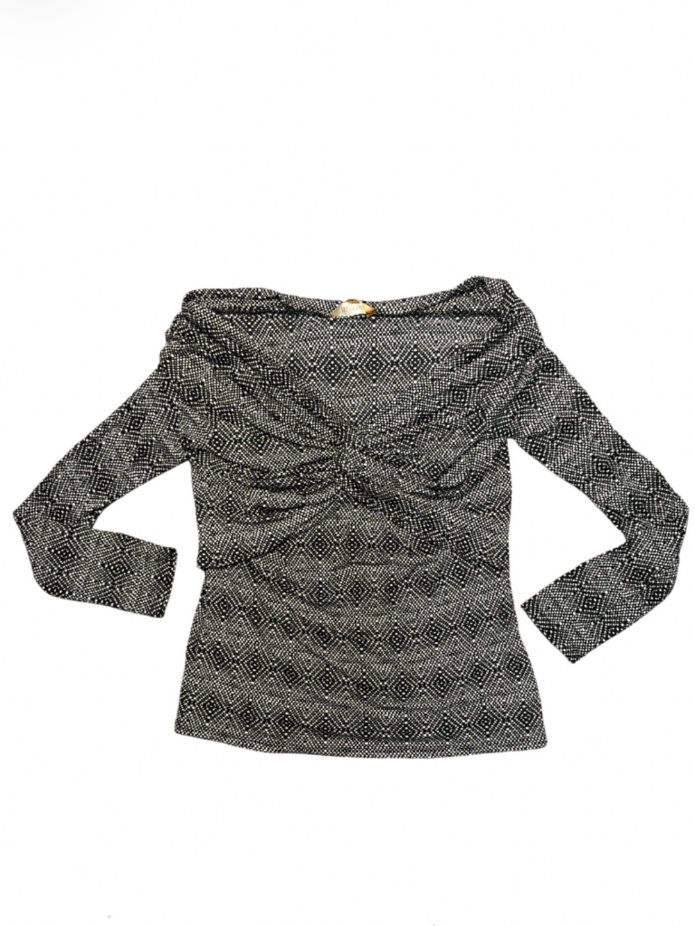 Ellen Tracy White Polka Dot on Black Crossover Front Blouse Women L
